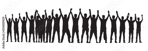 Silhouette Group of People Standing Together with Raised Hands