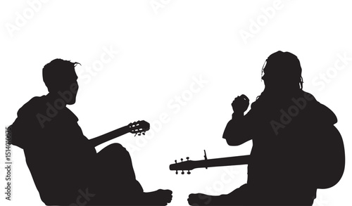 Two People Silhouetted Playing Acoustic Guitars Sitting on Floor