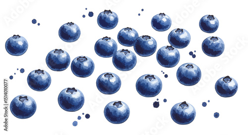 Watercolor Illustration Presents A Delightful Array Of Fresh Blueberries Artfully Scattered Across A Bright White Background Creating A Clean And Vibrant Feel