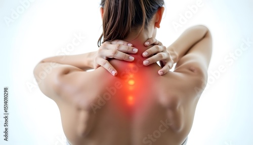 Woman experiencing severe neck pain, red highlighted area indicates pain location.