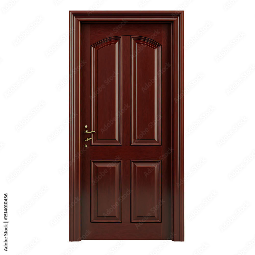 Elegant wooden door with four panels, featuring a rich reddish-brown finish and brass handle. Classic design, inviting entrance. Sophisticated interior accent. Elegant wooden door with four panels, featuring a rich reddish-brown finish and brass handle. Classic design, inviting entrance. Sophisticated interior accent.