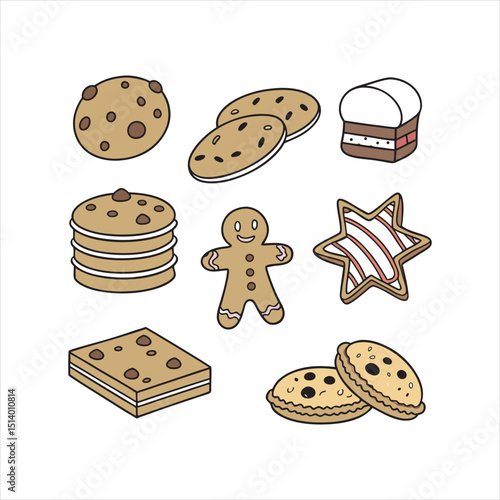 Flat vector icons of cookies and biscuits: chocolate chip cookie, oatmeal raisin cookie, shortbread star, sandwich cookie, biscotti slice, gingerbread man, sugar cookie with icing, cookie stack.