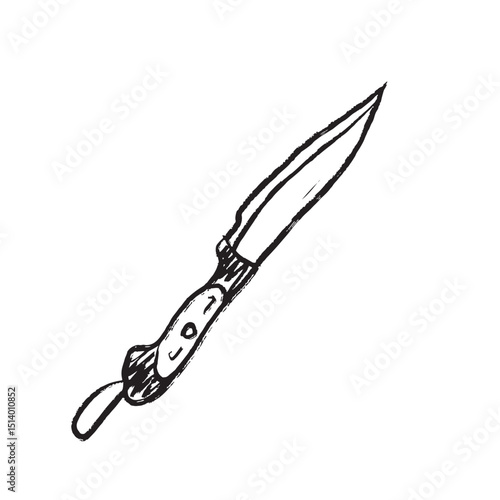 Foldable knife as a tourism equipment item in black brush stroke texture isolated on white. Hand drawn vector sketch illustration in vintage charcoal ink. Travel, vacation, camping accessory.