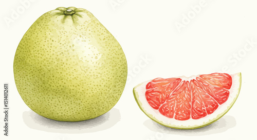 Watercolor Depiction Presents A Whole Pomelo And A Juicy Slice With Vibrant Pink Segments On A White Background Showcasing The Fruits Texture And Color