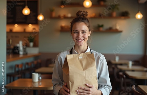 Smiling woman waitress holding take away food in restaurant. Happy female worker with paper bag, take-out order service. Small business, online order concept. Customer buy food from cafe.