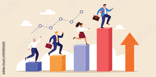 Business Success Concept. Vector cartoon illustration of a group of diverse people in business suits running up a rising graph. Isolated on background