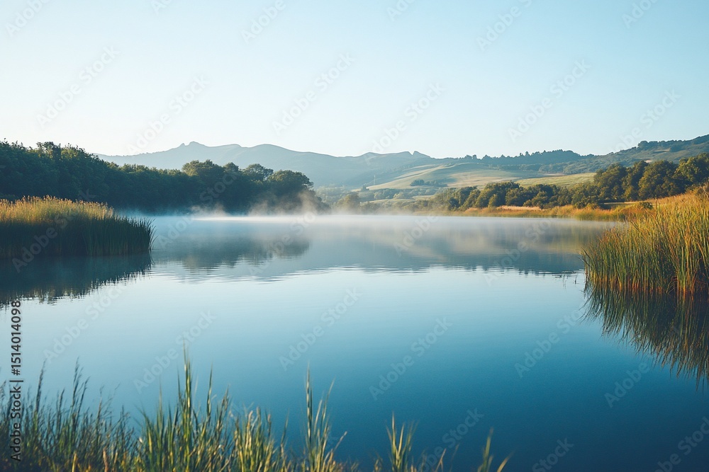 Fototapeta premium Serene lake reflection under a hazy sky surrounded by lush greenery landscape