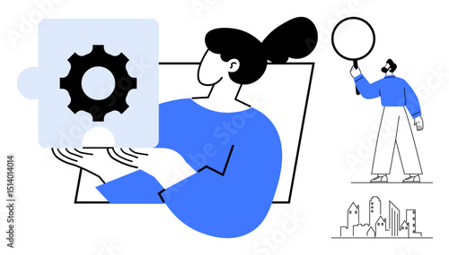 Woman holding puzzle piece with gear setup while man points to concept bubble near urban skyline. Ideal for teamwork, solutions, innovation, collaboration, planning, growth, simple landing page