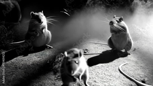 A group of rats in a dark, foggy environment, some standing, some running, in grayscale with dramatic lighting.