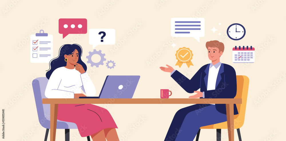 Business Job Interview concept. Vector cartoon illustration of a young woman asking questions and a man in a suit answering them while sitting at a table. Business Job Interview concept. Vector cartoon illustration of a young woman asking questions and a man in a suit answering them while sitting at a table.