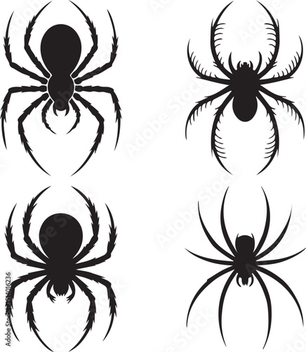  A vector illustration set of four black spider silhouettes on white background