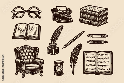 writer desk objects engraving style vector illustration set
