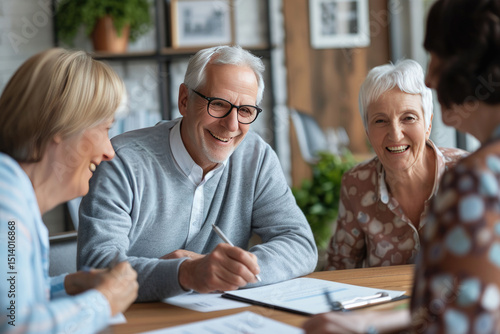 Senior man and woman looking at paperwork together in a home office, discussing financial matters