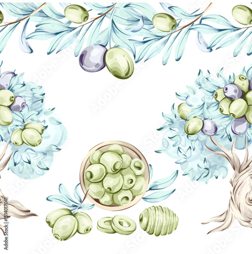 Olives and olive oil seamless pattern with arrangement in watercolor technique highlighting Italian cuisine nature beauty and nutrition featuring a tasteful frame and border design