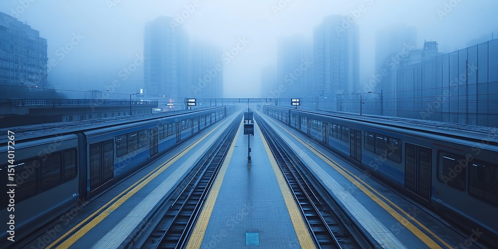 Fototapeta premium Misty Metropolitan Commute: A Train Station in an Atmospheric Urban Landscape