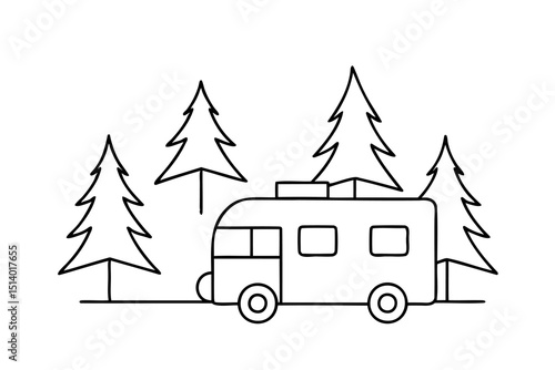 Camper van parked in a forest of pine trees