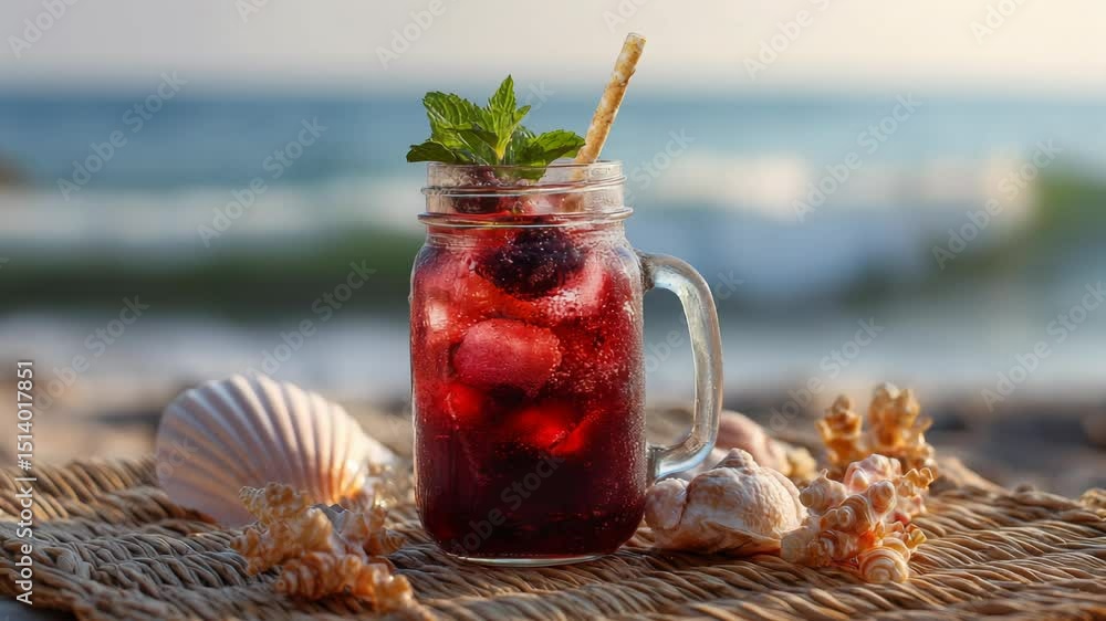 Refreshing Fruit Drink on Beach with Sea Shells at Sunset