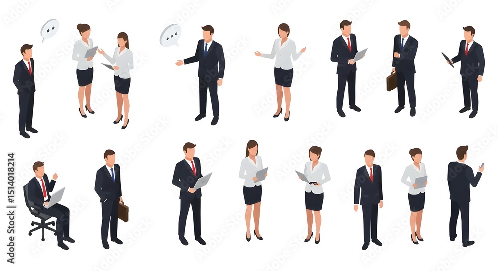 Conjunto grande isométrico de hombres y mujeres de negocios, vista frontal y vista trasera, ilustración vectorial Conjunto grande isométrico de hombres y mujeres de negocios, vista frontal y vista trasera, ilustración vectorial