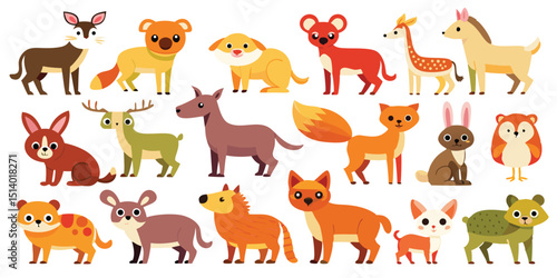 Canvas Print Adorable Woodland Creatures in Flat Style, Fantasy Jungle Animals Graphic Bundle