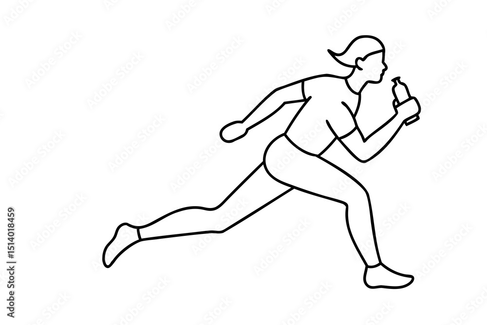 Fototapeta premium Woman running and drinking water from bottle line art illustration