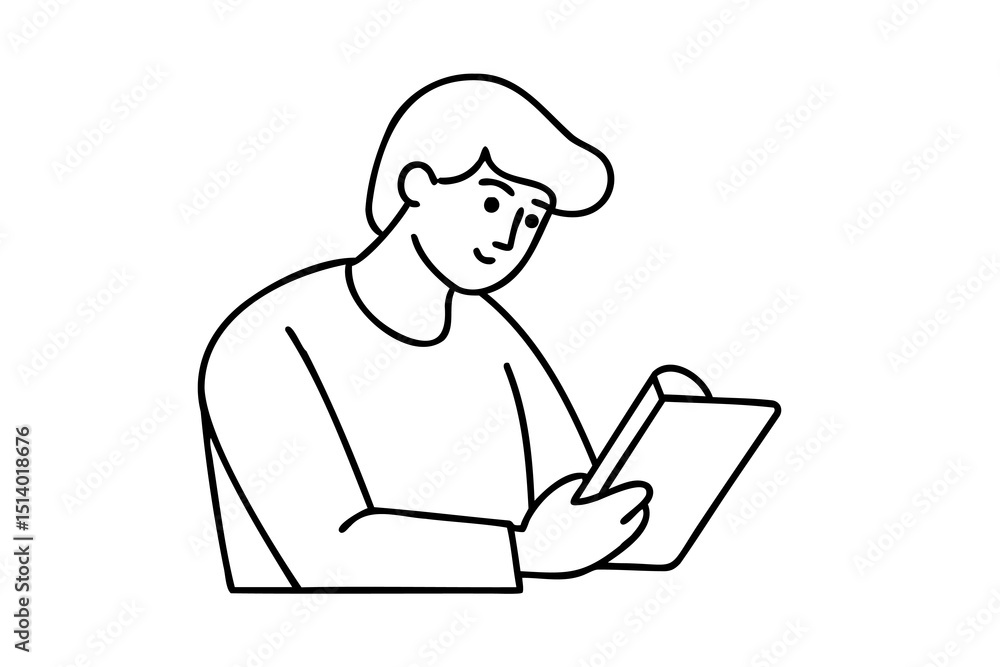 Young person reading a book simple line art illustration Young person reading a book simple line art illustration