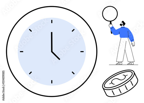 Large clock indicating time, a man holding a circle, and a coin outline. Ideal for time planning, balance, productivity, goal setting, saving, decision-making simple landing page