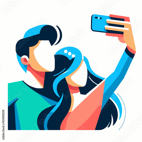 Young couple taking selfie with smartphone in colorful style  