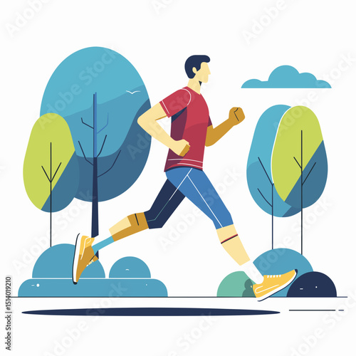 Active man jogging in a park surrounded by trees and greenery  
