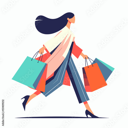 Stylish woman walking with shopping bags in colorful attire  