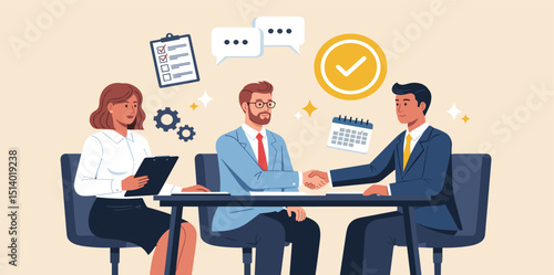 Business Job Interview concept. Vector cartoon illustration of two men in suits shaking hands and a woman with documents at a desk. 