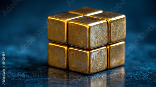 Wallpaper Mural Illuminated metallic cube resting on a dark reflective surface, showcasing sharp edges and sleek design. Modern, minimalistic aesthetic with dramatic lighting and shadow play. Caption space on the sid Torontodigital.ca