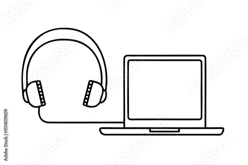Laptop computer with wired headphones for online learning