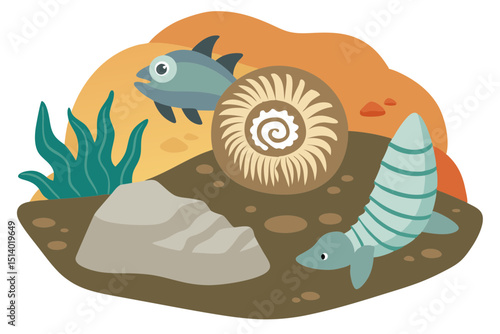 Ancient Sea Life Fossils Embedded in Rock Vector