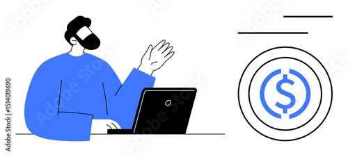 Man gesturing near laptop screen, emphasizing financial topics and monetary goals. Ideal for finance, online learning, discussion, consultation, budgeting, economy analysis, flat simple metaphor