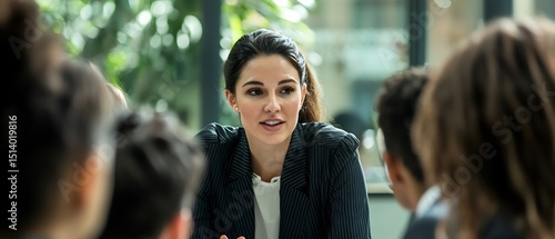 Businesswoman mentoring a group of young professionals career development session corporate training environment
