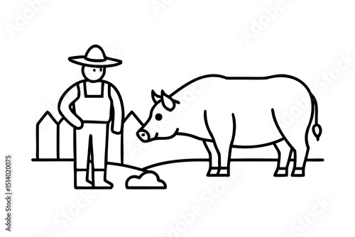 Farmer and pig on farm simple line art illustration