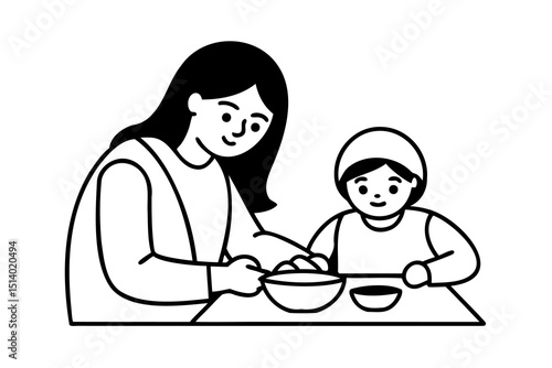 Mother and child preparing food together in kitchen