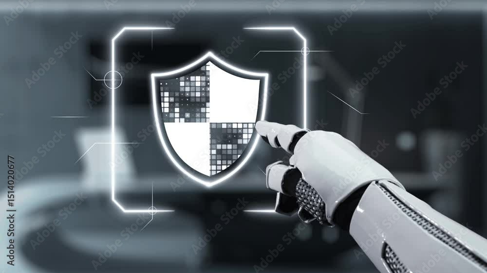 A robotic hand reaches out to a digital shield, visually representing ...