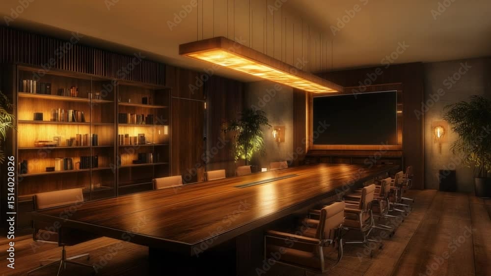A spacious, well-lit conference room with rich wooden accents A spacious, well-lit conference room with rich wooden accents