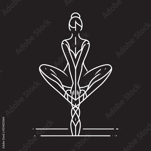 Vector illustration of a woman meditating in lotus pose on black background