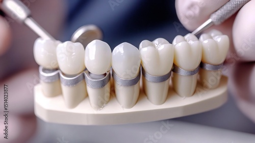 Close up of a dental bridge being adjusted by a professional technician intricate handwork ultra sharp detail on tools and material