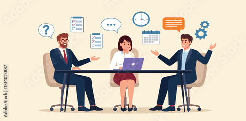 Business Job Interview concept. Vector cartoon illustration of two people sitting at a table with a laptop and asking a young man in a suit questions. 