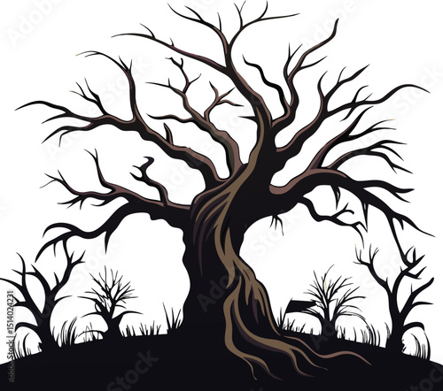 Spooky Halloween Night Scene Silhouette With a Gnarled Old Tree And Small Trees Against White Background Scary Silhouette