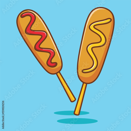 Cute corn dog sausage illustration vector. Korean street food corn dog menu.
