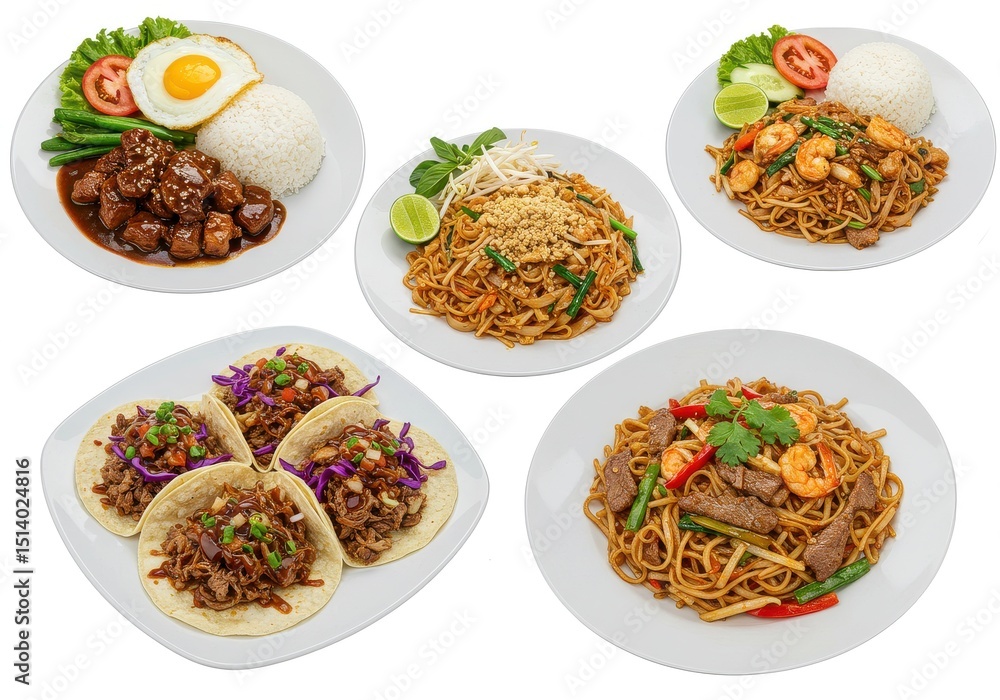 Assortment of delicious asian cuisine dishes isolated on white background, featuring tacos and noodles Assortment of delicious asian cuisine dishes isolated on white background, featuring tacos and noodles