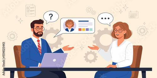 Business Job Interview concept. Vector cartoon illustration of a man in suit asking questions and a woman answering them while sitting at a table.