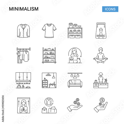 Minimalism Icons: A collection of clean-lined, grayscale icons that represent various aspects of minimalism, focusing on simplicity, decluttering, and mindful living.