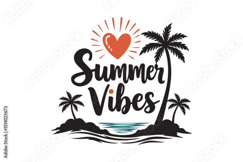 Summer Vibes SVG Tropical Heart Island Design with Palm Trees and Ocean Scene

