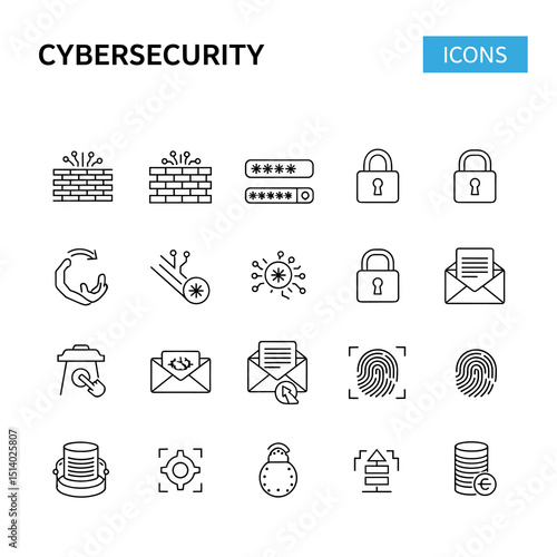 Cybersecurity Icon Set: A comprehensive collection of meticulously crafted icons that embody digital security. Showcasing protective firewalls, secure logins, and the safeguarding of vital data.