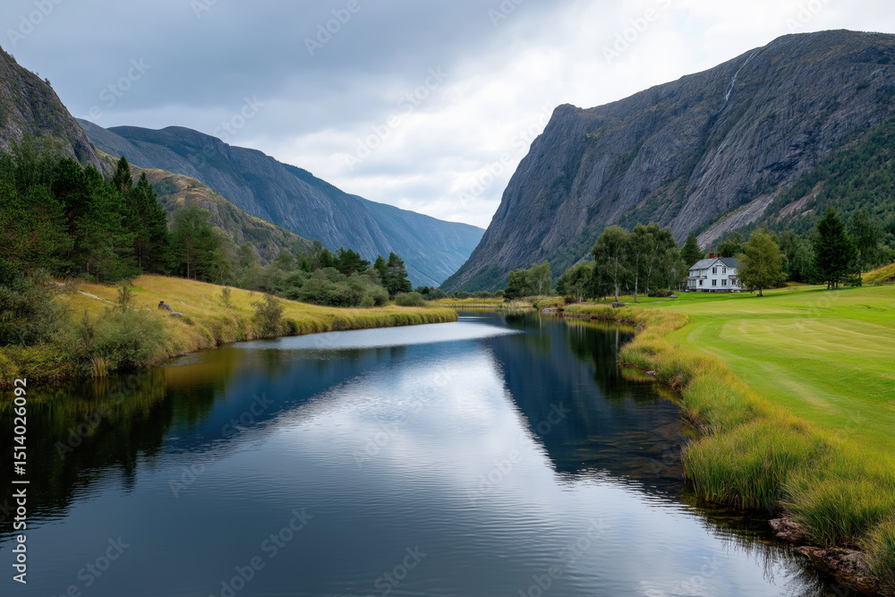 A river flows through a valley with a house on the right bank. The water is calm and clear, reflecting the surrounding mountains. The scene is peaceful and serene, with the house A river flows through a valley with a house on the right bank. The water is calm and clear, reflecting the surrounding mountains. The scene is peaceful and serene, with the house
